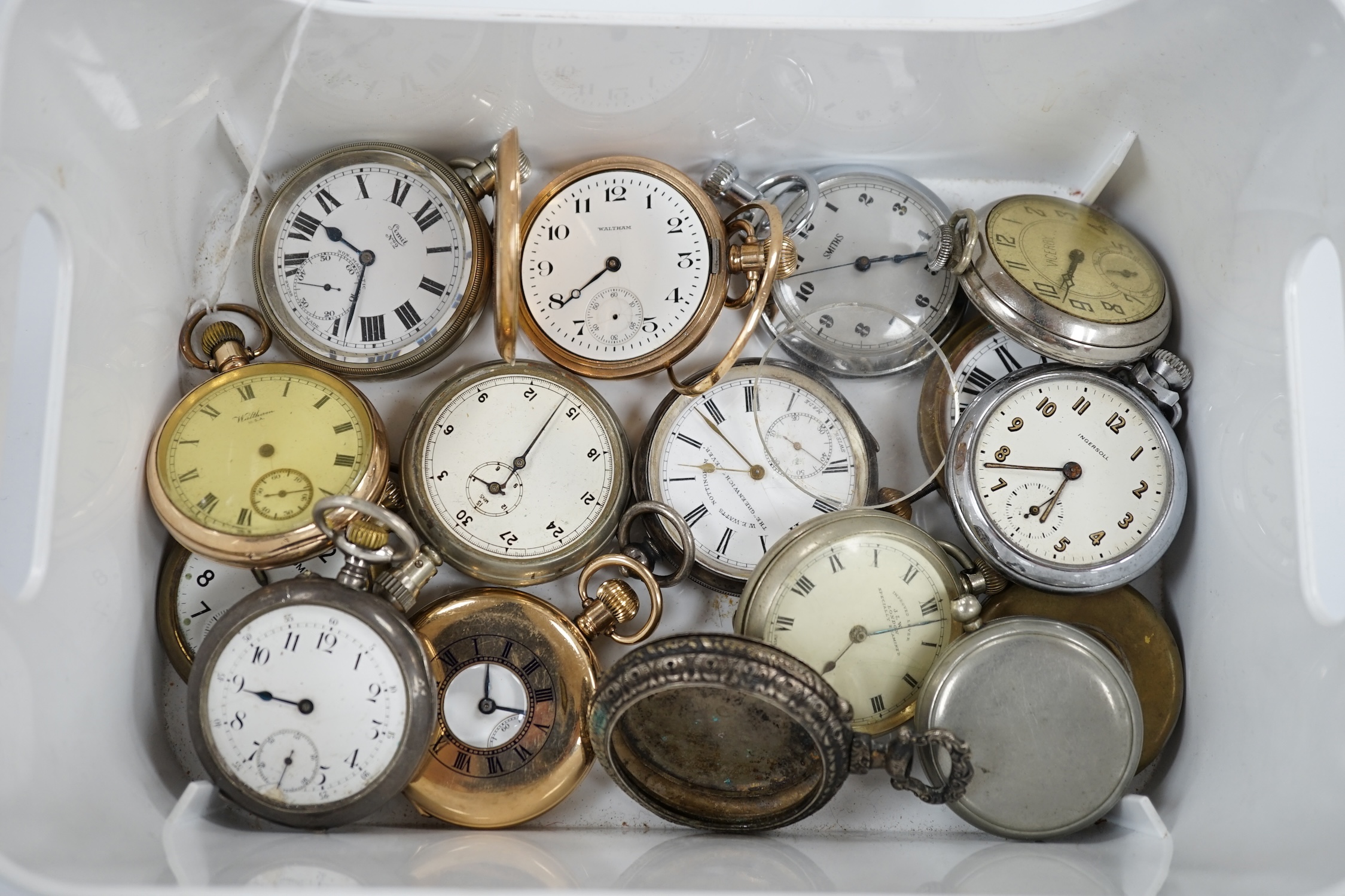 Thirteen assorted base metal or gold plated pocket watches, including two Waltham and a Stayte half hunter, together with a pocket watch case, stopwatch and a 935 white metal open face pocket watch, by Watts of Nottingha